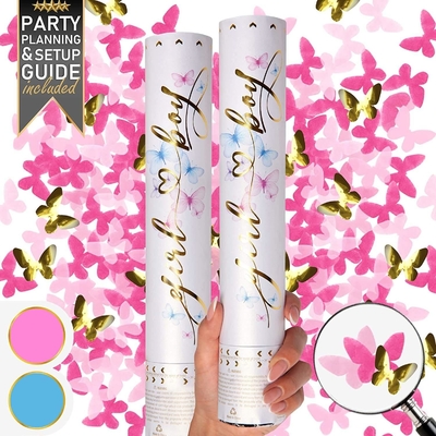 Gênero Revelar Confeti Cannon Butterfly Shape Pink 2 Pack Gênero Revelar Menino Menina Poppers